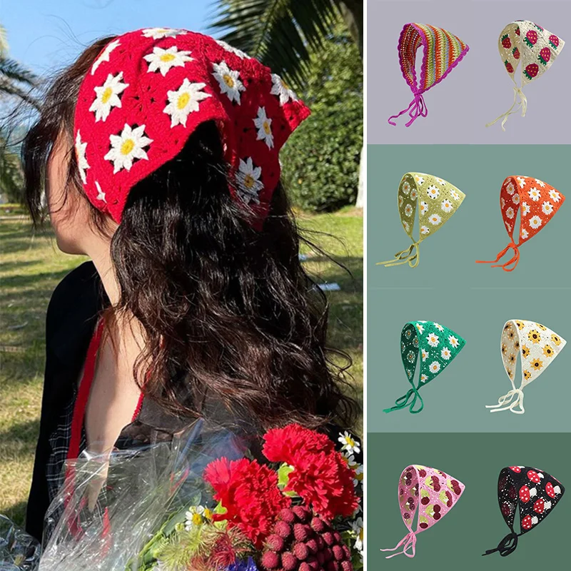 

Cute Triangle Headband Towel Small Mushroom Strap Hair Bag Strawberry Crochet Hollow Sweet Handmade Korean Headscarf Hat