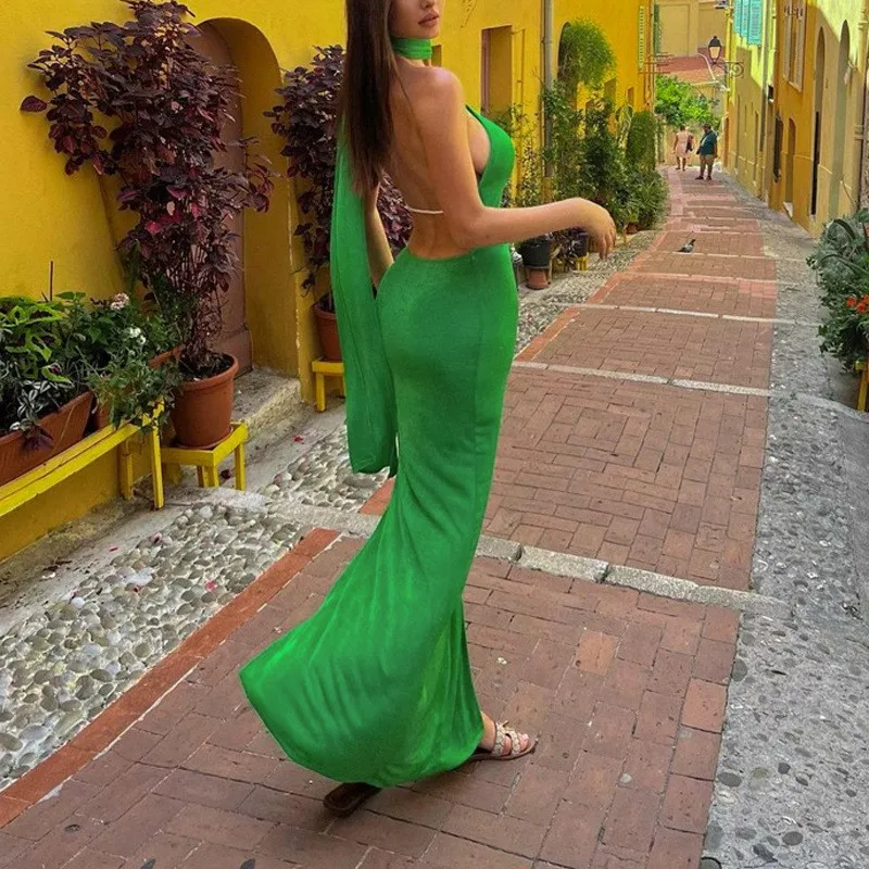 

Cover Up For The Beach And Sea Summer Clothes 2023 Dress One Shoulder Neck Ribbon Hung Skirt Chain Split Backless Solid