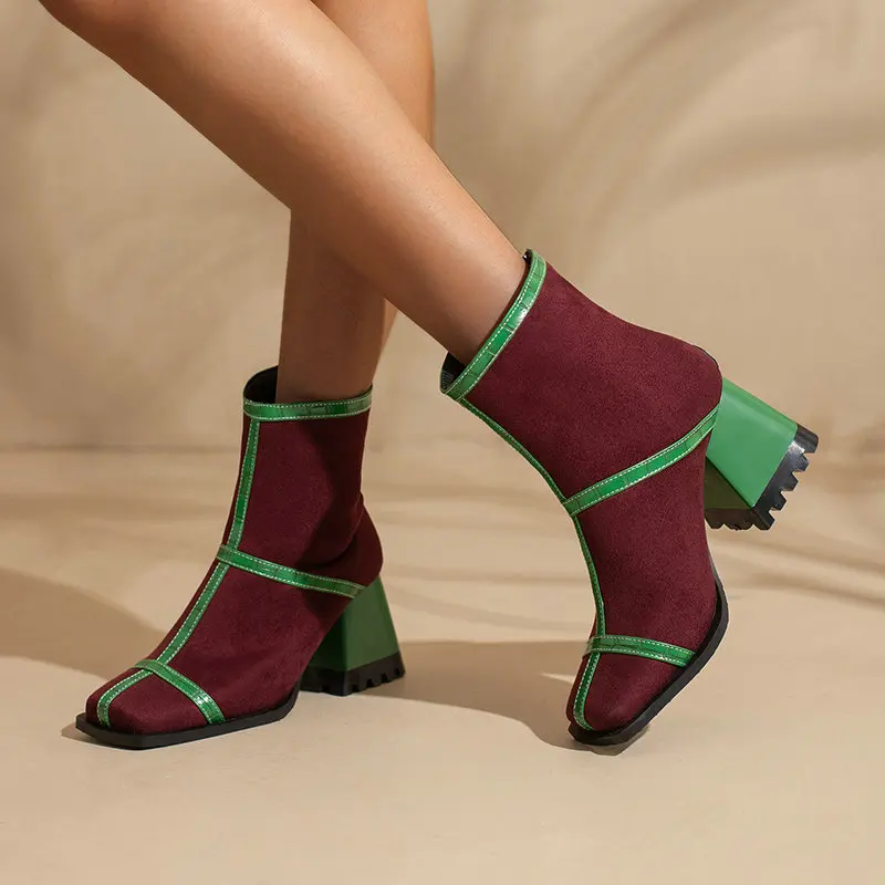 

Green Red Contrast Color Faux Nubuck Leather Oversize 34-48 Woman Shoes Winter Ankle Booties Leopard Chunky Heels Chelsea Boots