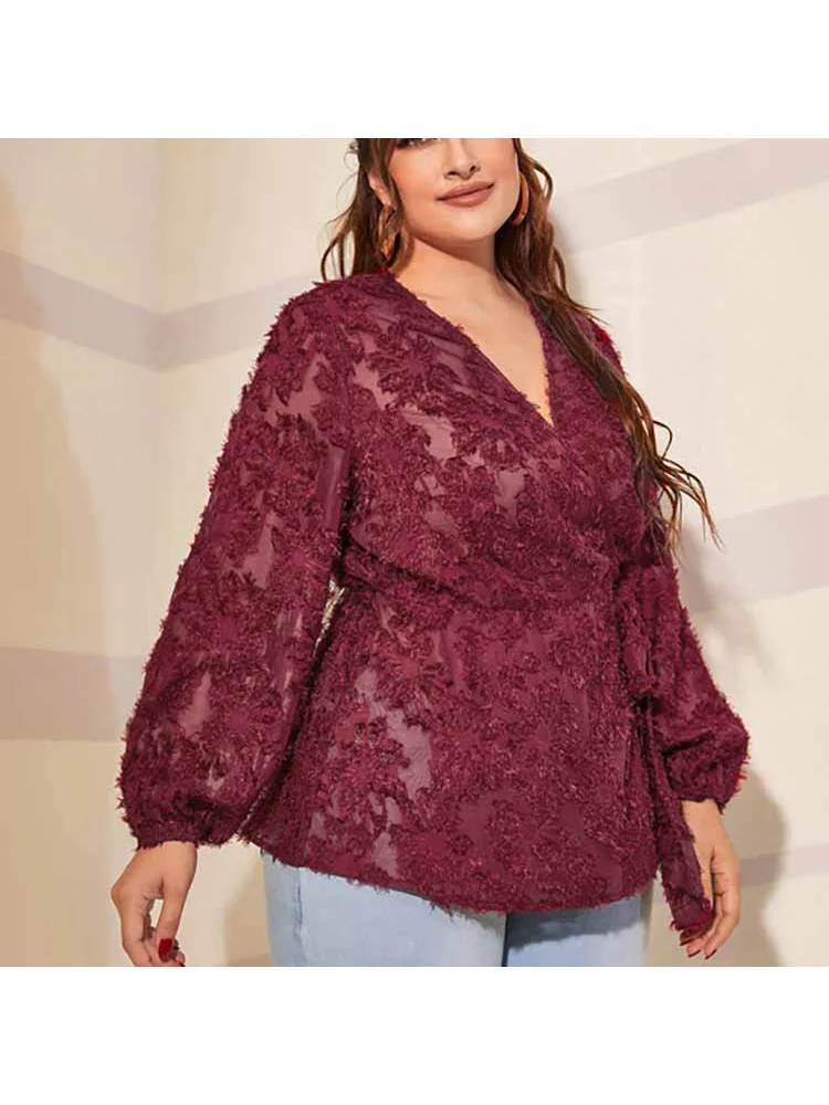 Spot large women's tie bow top V-neck long-sleeved commuter loose plus size T-Shirt