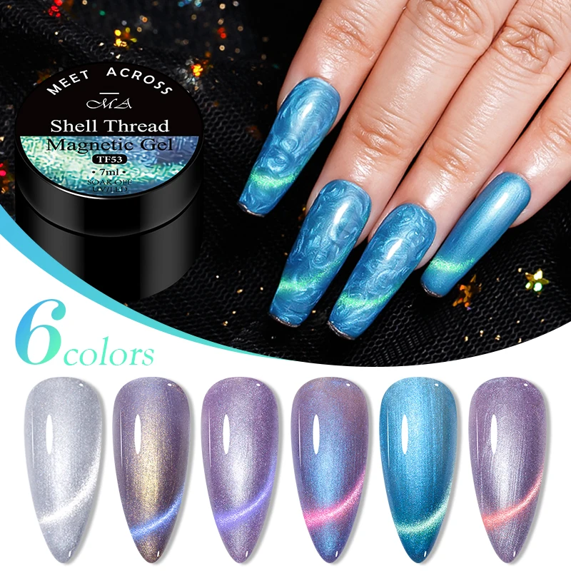 

MEET ACROSS 7ML Magnetic Gel Nail Polish Cat Eye Pearl Shell Thread Pattern 9D Glitter Semi Permanent Soak Off Nail Art Varnish