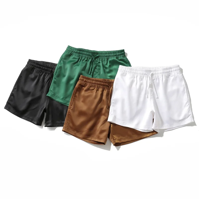 

Men's Casual Sleep Bottom Shorts White Silky Pajamas Shorts Drawstring Pockets Man Satin Homewear Lounge Beach Boxershorts Male