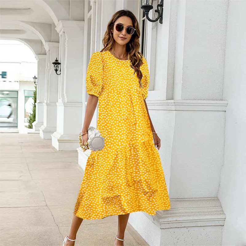 

Повседневное облегающее модное пикантное элегантное новое платье, женское повседневное свободное желтое платье в горошек с короткими рукавами и оборками для лета, 2023