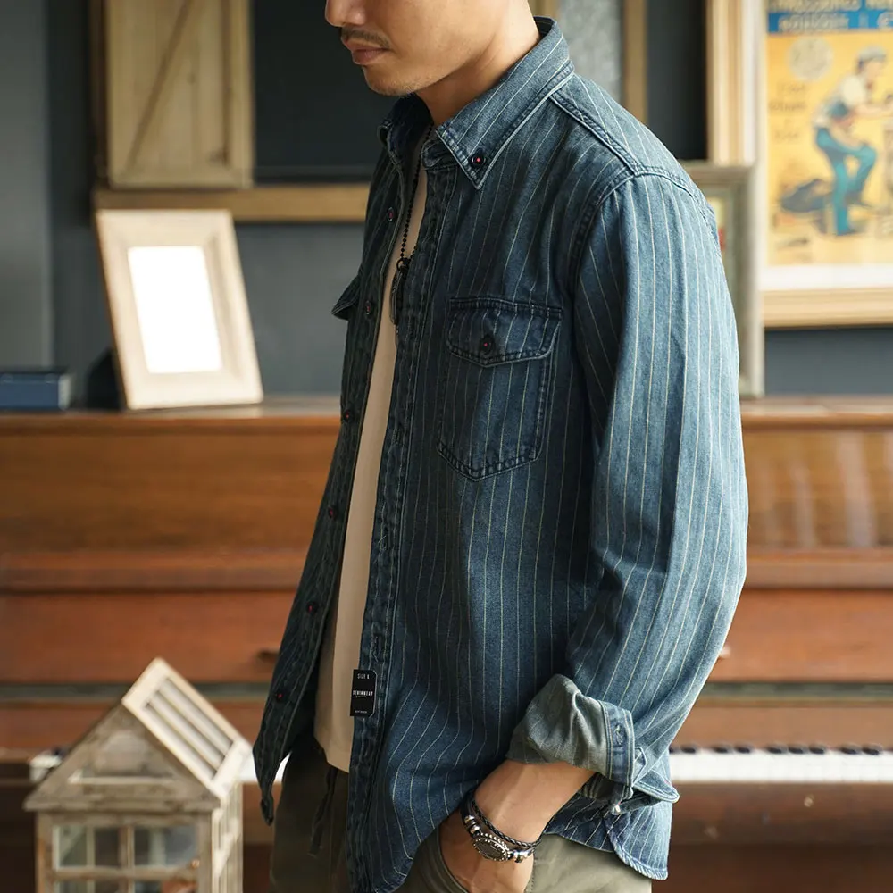 Retro heavy striped denim shirt cotton washed long sleeve casual men's coat tooling shirt
