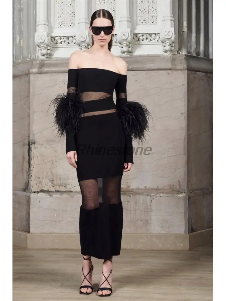 Осенне-зимнее модное Привлекательное платье с рукавами перьями Прозрачное одной