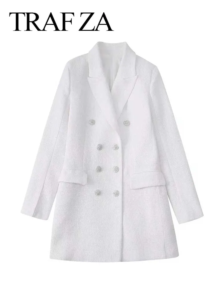 

TRAF ZA Casual Charming Senior V-Neck Temperament Slim Fit Short Women's Dress White Double Breasted Flared Sleeve Lady Dress