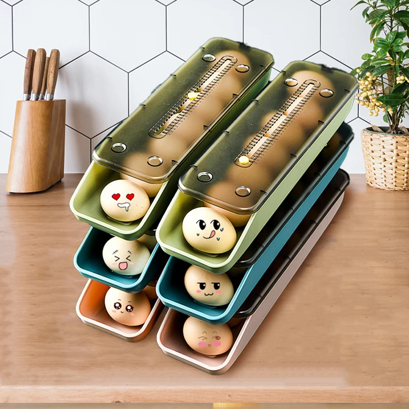 

Household Automatic Slide Egg Storage Box Kitchen Fridge Storage Organization Eggs Holder Egg Storage Plastic Storage Container
