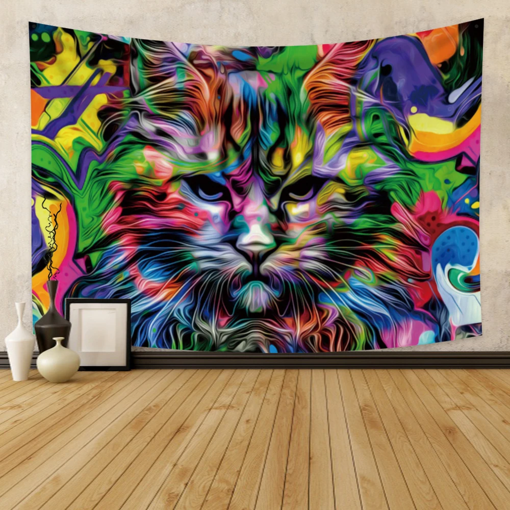 

Цветной психоделический кошачий гобелен, настенный ковер для спальни, гостиной, общежития, эстетические гобелены, искусство, украшение для ...