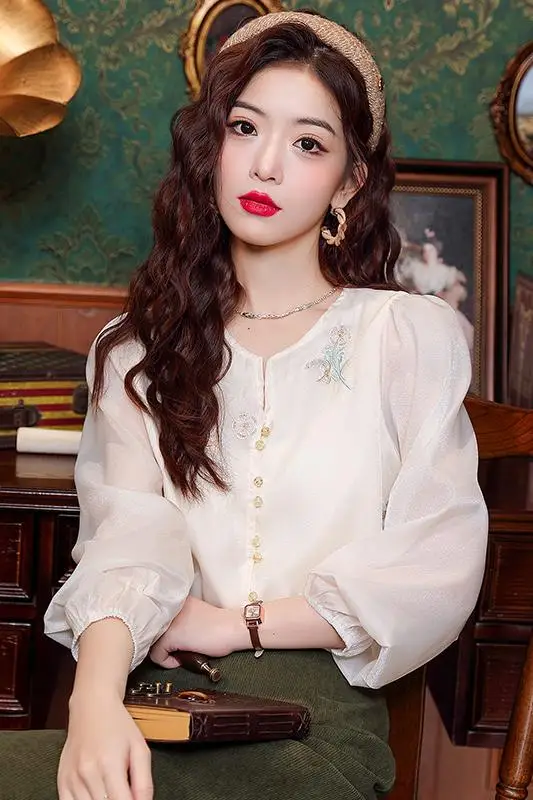 Новая модная женская блузка с длинным рукавом и круглым вырезом Повседневная