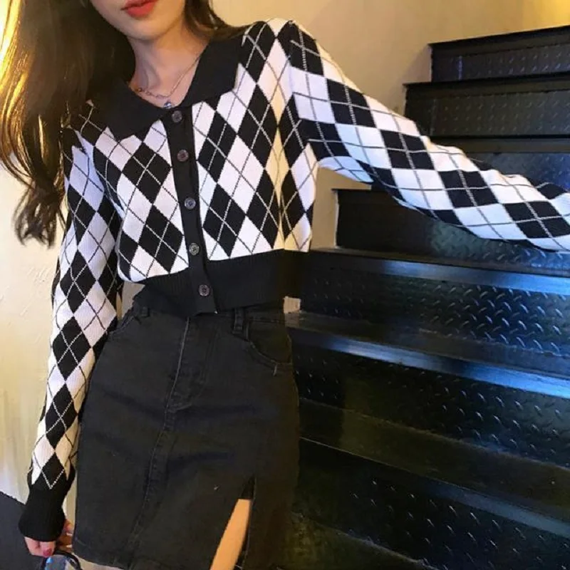 

Кардиган Deeptown в Корейском стиле с узором ромбиками, укороченный свитер, женское винтажное пальто большого размера с воротником поло, Женски...