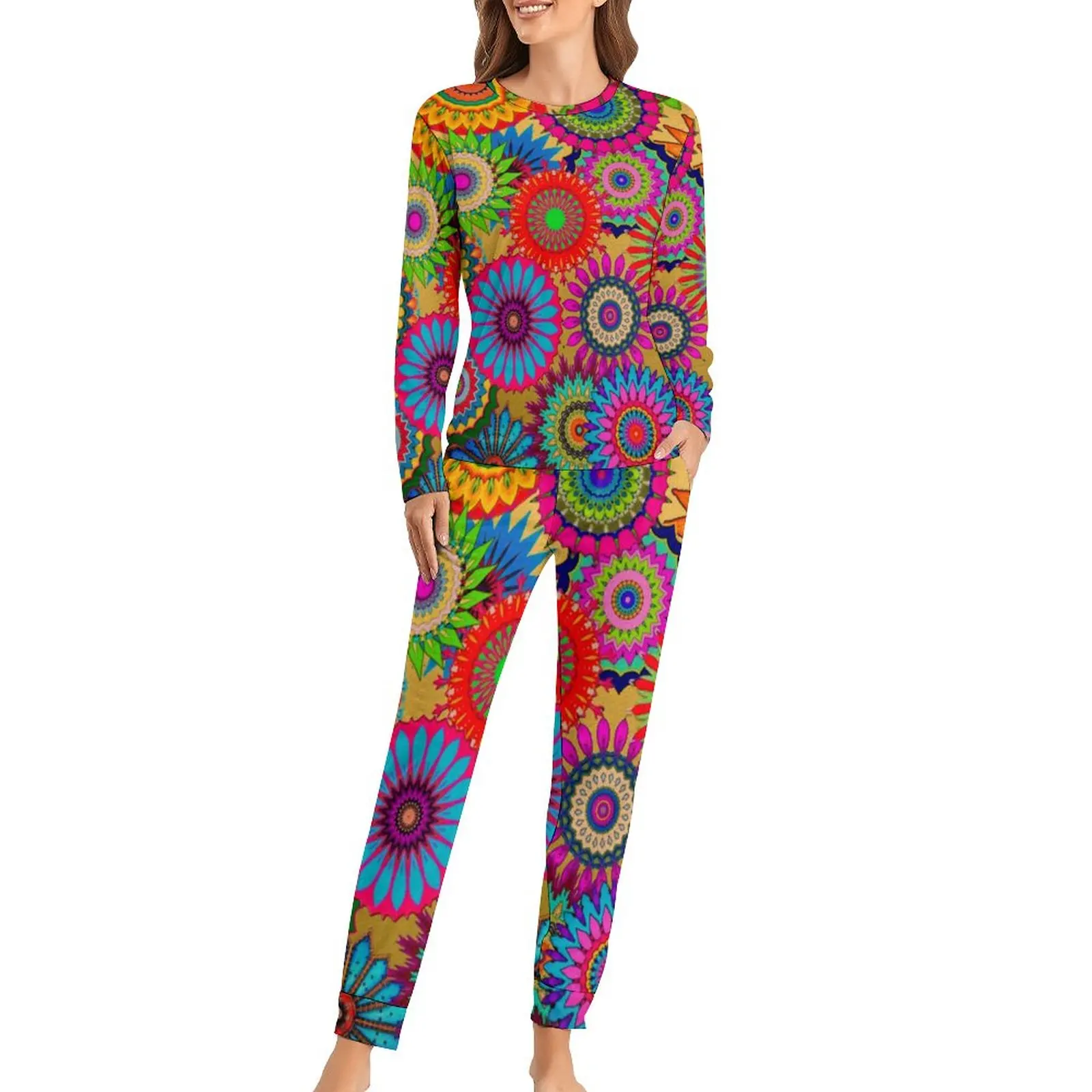 

Colorful Mandala Pajamas Spring Retro Bohemian Print Casual Oversized Nightwear Women Long Sleeves Printed Cute Pajamas Set