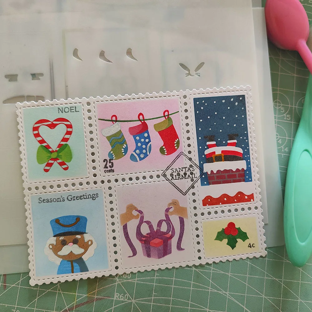 Морозный снеговик почтовый коллаж трафарет прозрачный штамп на Рождество