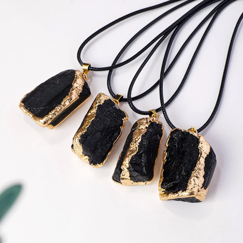Натуральный кристалл необработанный камень черный турмалин золотой кулон