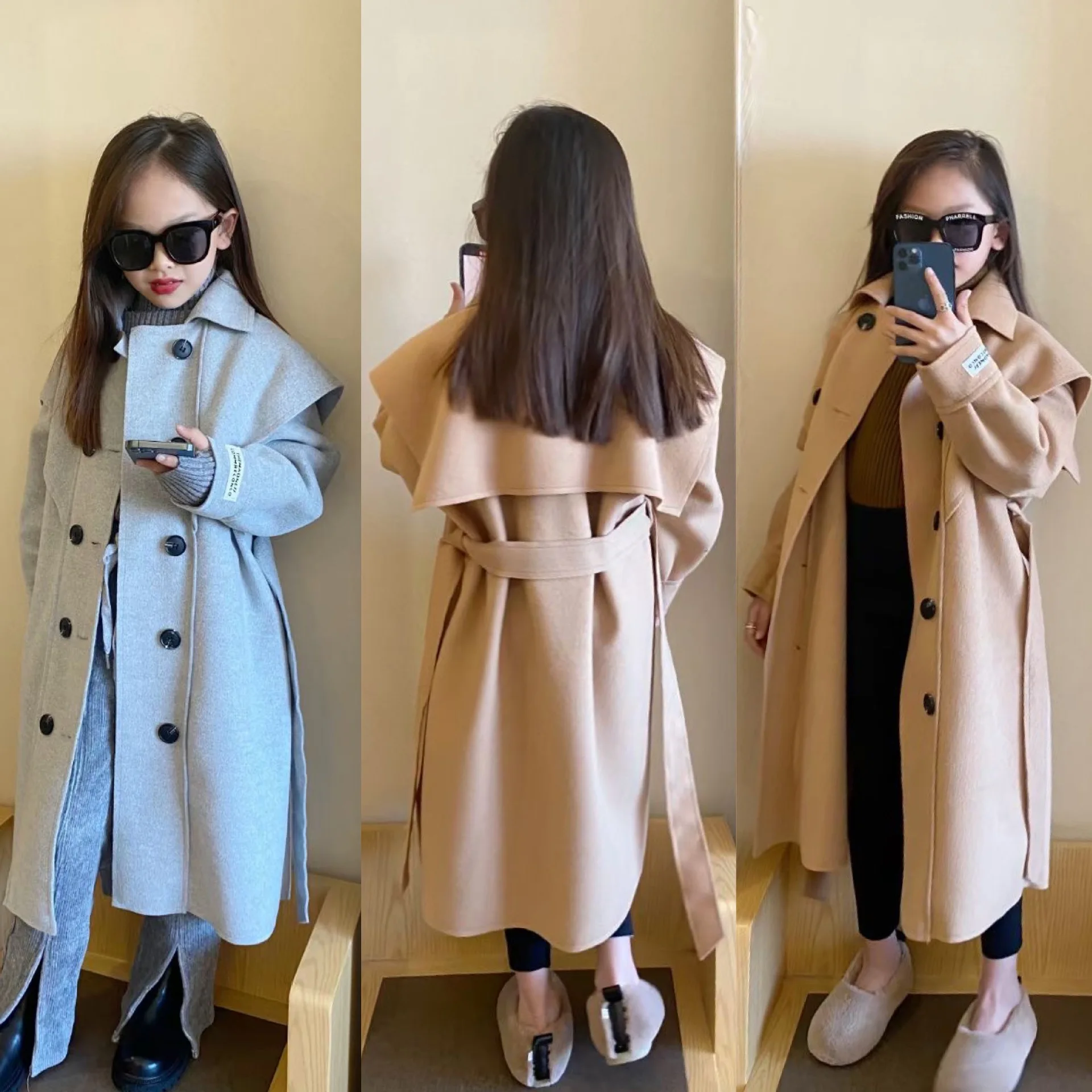 

12 10 Teen Years Coat Jackets 6 Long Winter Girls Fashion Double-breasted For Belt 8 Girls Wool
