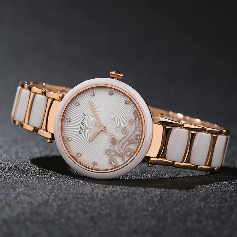BERNY Women Watch Quartz Ceramic Band Clock Elegant Ladies Morning Glory Design Waterproof Wristwatches Relogio Feminino Reloj