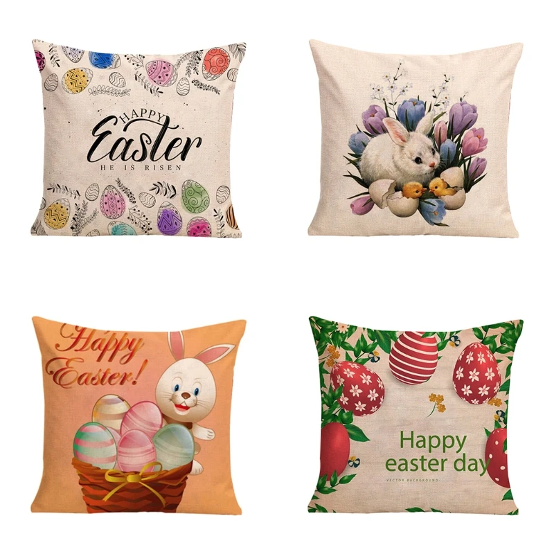 

Easter Rabbit Bunny Eggs Throw Pillow Cover Linen Cushion for CASE Spring Decor for Sofa Couch Car 18x18 Inch