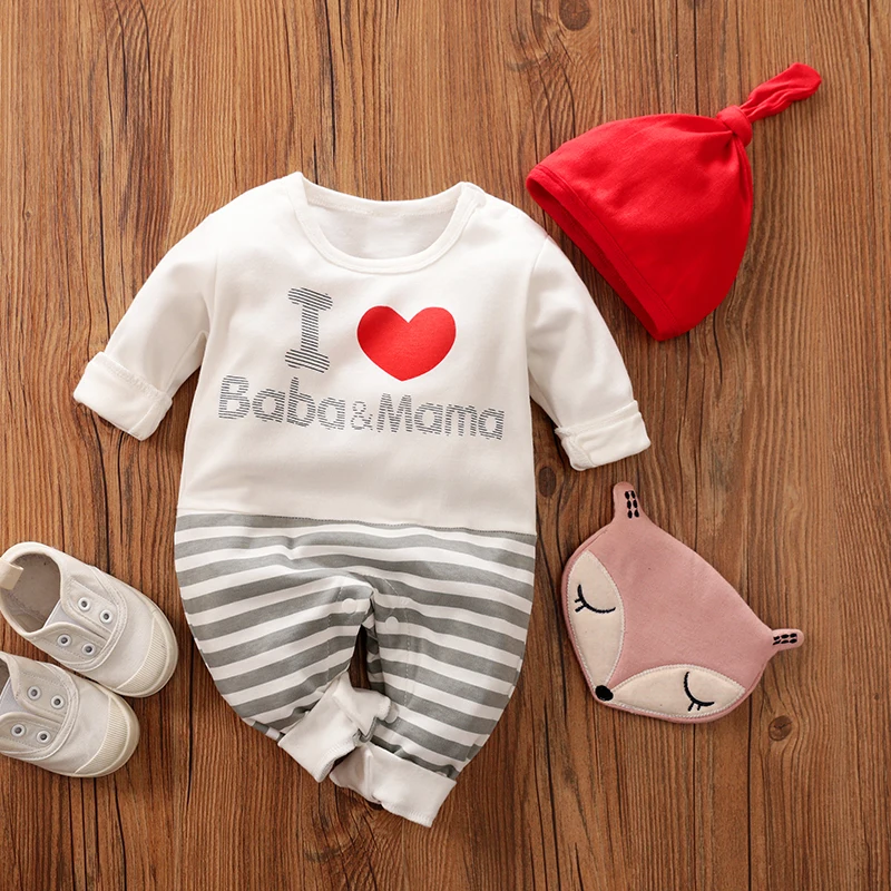 

Hibobi 2-Piece Lovely Heart and Letters Long-Sleeve Jumpsuit with Hat Set for Baby Baba Mama Newborn Kids Outfit Autumn