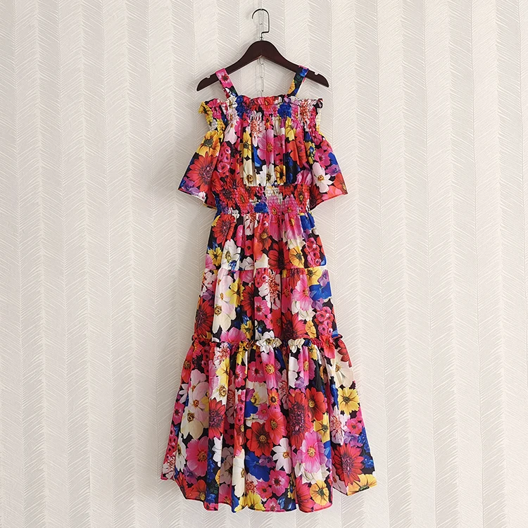 

Off The Shoulder Red Flowers Printed Women Long Dress Slash Neck Summer Elastic Waist Holiday Party Vacation Dresses