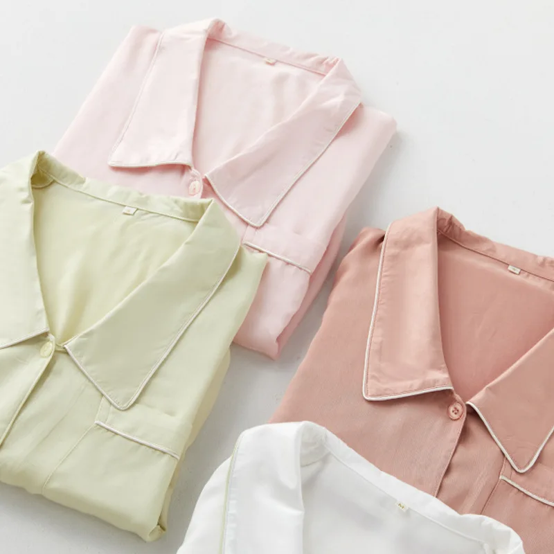 Simple Spring Summer Pajamas Tribute Satin Light Shirt Loungewear Pointed Collar Solid Color Medium-length Women Nightgown