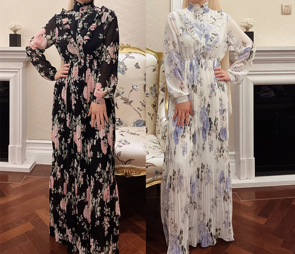 

Турецкое скромное закрытое платье Дубая шифоновое платье с цветочным принтом длинное для мусульманских женщин повседневное женское платье кафтан мусульманская одежда