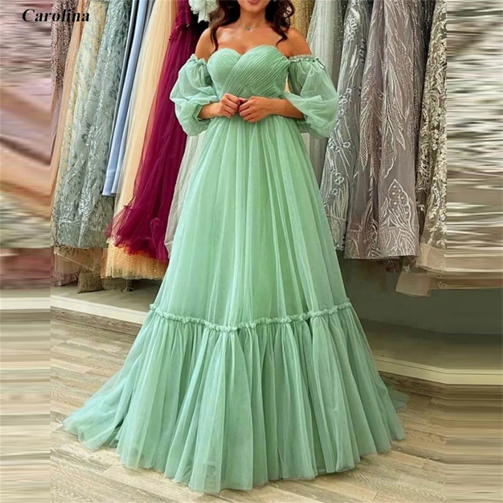 

Vintage Off-Shoulder Sweetheart A-Line Prom Gown Puffy Sleeves Occasion Dress Robe De Soirée Women Ruched Evening Party Dress