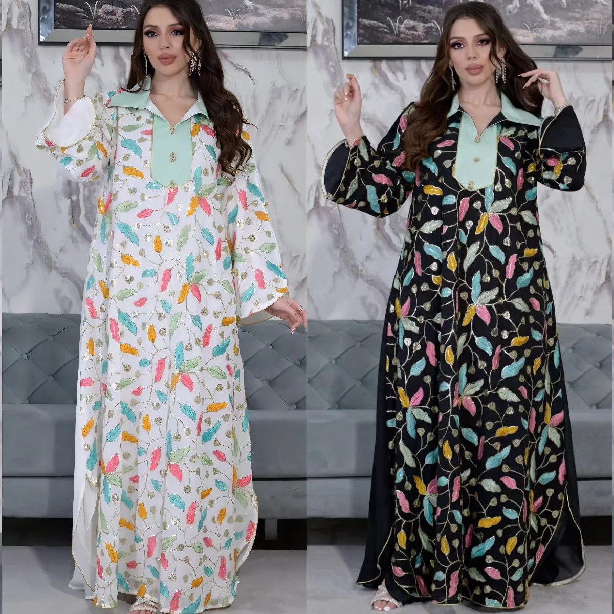 4068 Мусульманское длинное платье с вышивкой бисером Джалабия Арабское Дубая