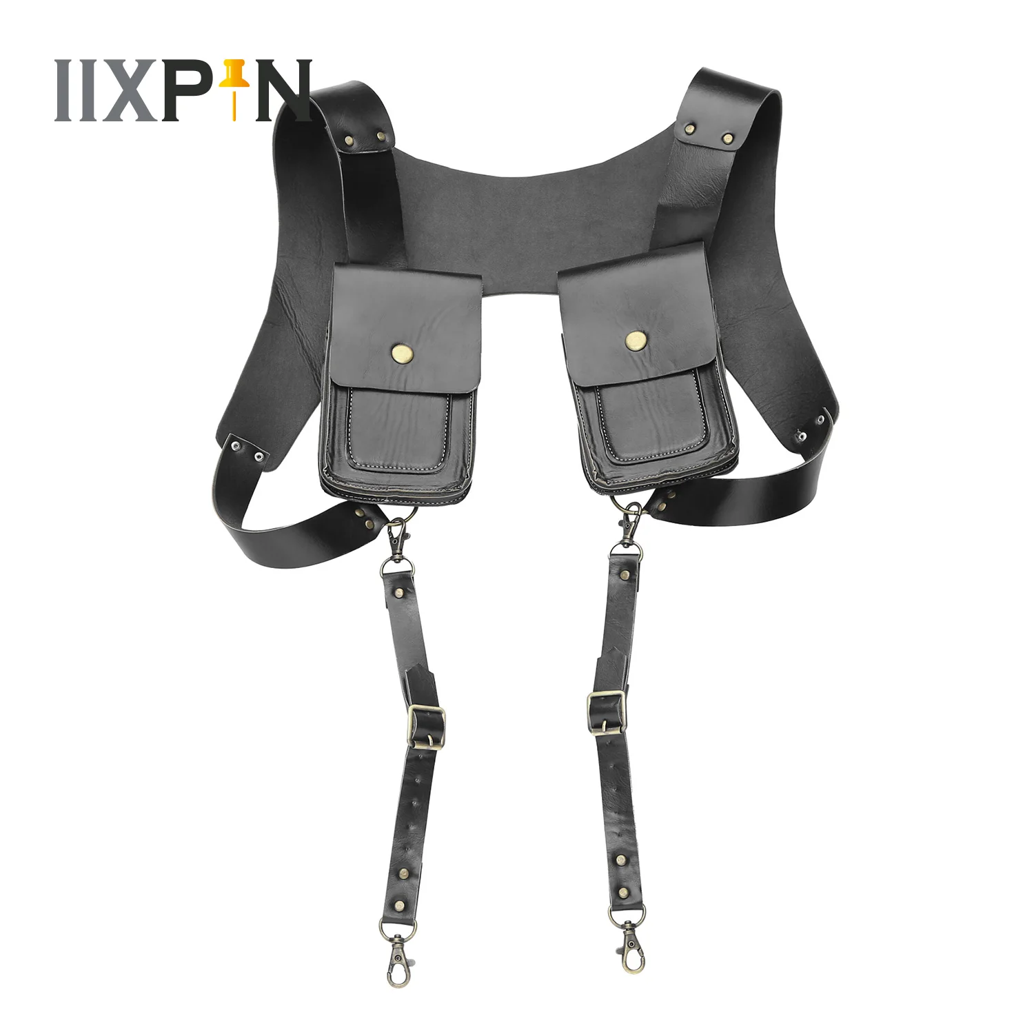 

Men Women Steampunk Vintage PU Leather Shoulder Harness Bag Double Phone Wallet Case Holster Viking Underarm Purse Bag Costume