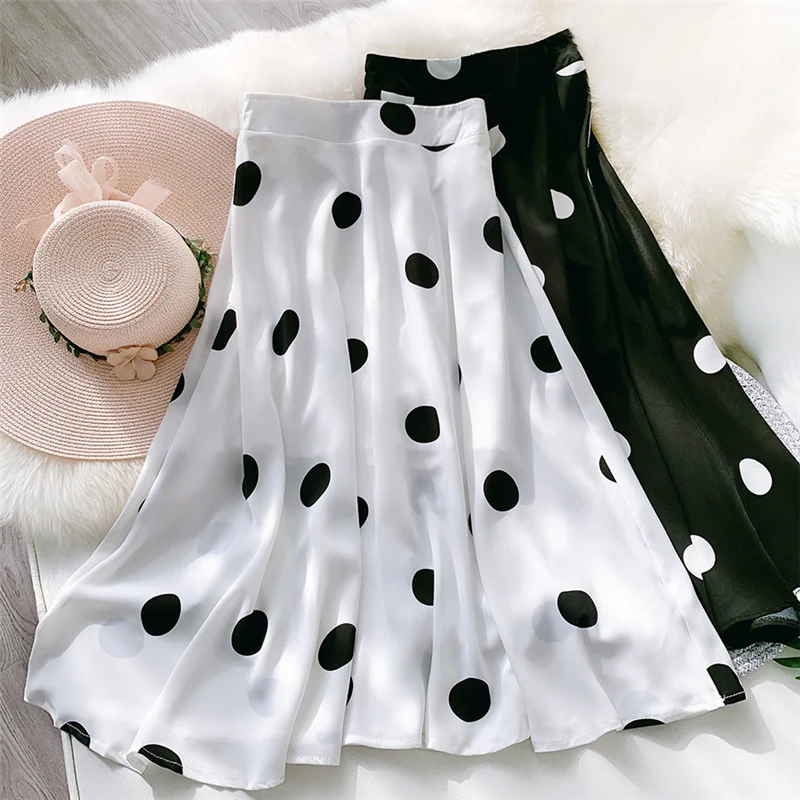 Black White Big Polka Dot Chiffon Skirts Women 2023 New Vinatge Elastic Skirt Female Slim Fit Midi Skirt