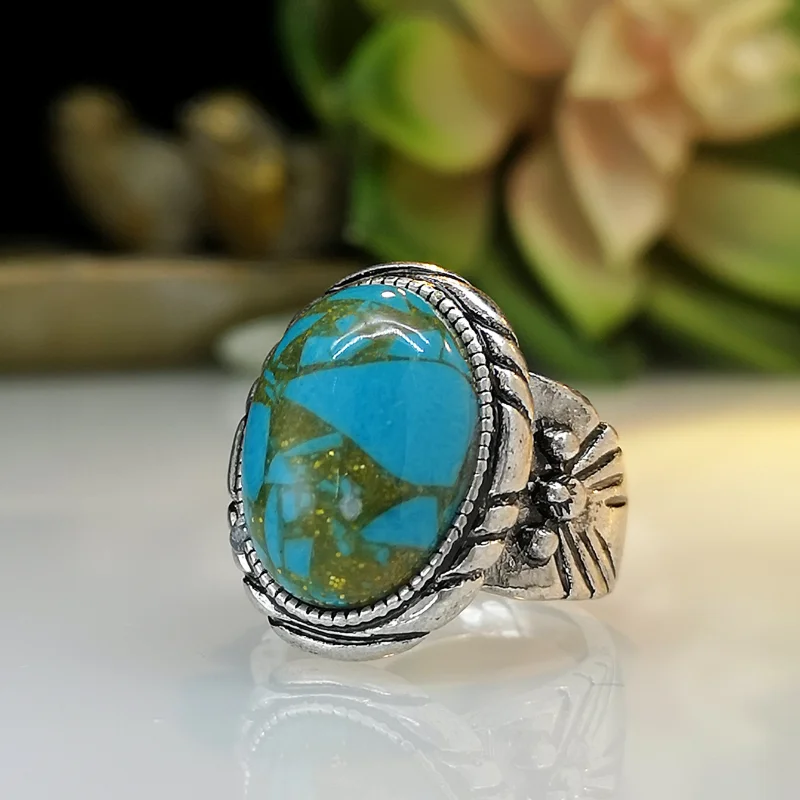 

European and American Creative Carved Dragon Crystal Turquoise Ring Cross Border e-commerce retro Plated 925 ring