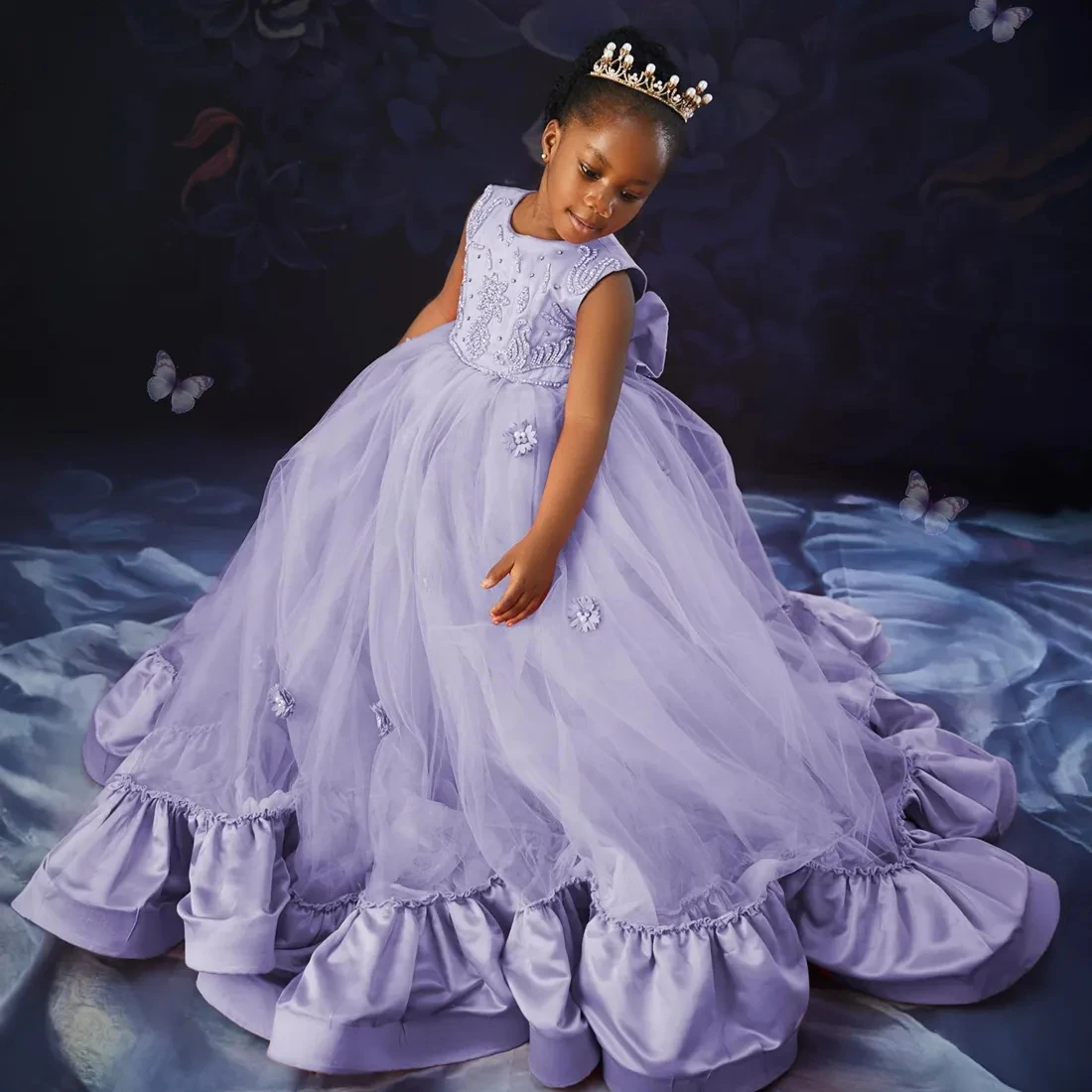 Платье сиреневое с цветочным принтом для девочек свадебное Длинное Пышное до