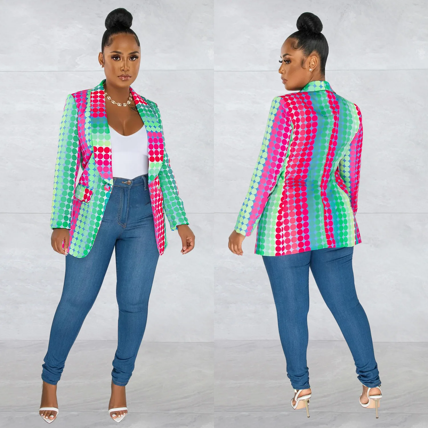 Womens Turn-Down Collar Long Sleeve Print Blazer Autumn Single Button Temperament Elegant Style Commuter jacket coats