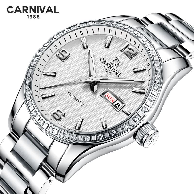 

CARNIVAL Luxury Men Mechanical Watches Stainless Steel Waterproof Automatic Week Calendar Wristwatch for Mens Relogio Masculino