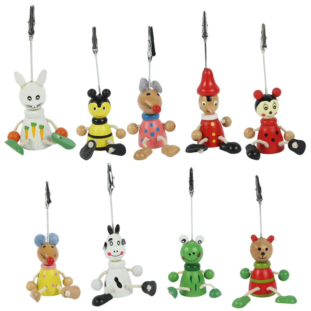 

9pcs Cartoon Wooden Desktop Cards Clip Photo Clips Memo Holder Clips Message Holder