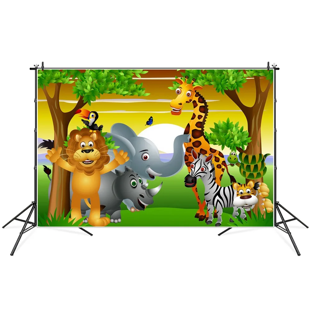 

Jungle Sunrise Safari Party Animals Photography Backgrounds Custom Grassland Zoo Lion Snake Elephant Zebra Baby Photo Backdrops