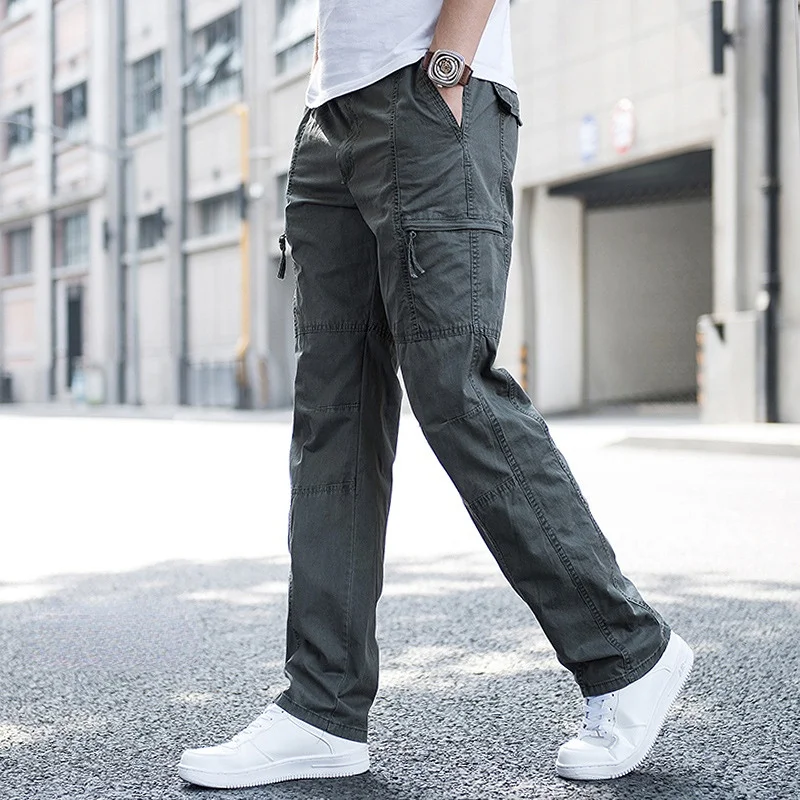 

Big Size Men's Cargo Trousers Straight Leg Work Pant Men Loose Fit Cotton Summer Wide Overalls Male Side Multi Pocket large size