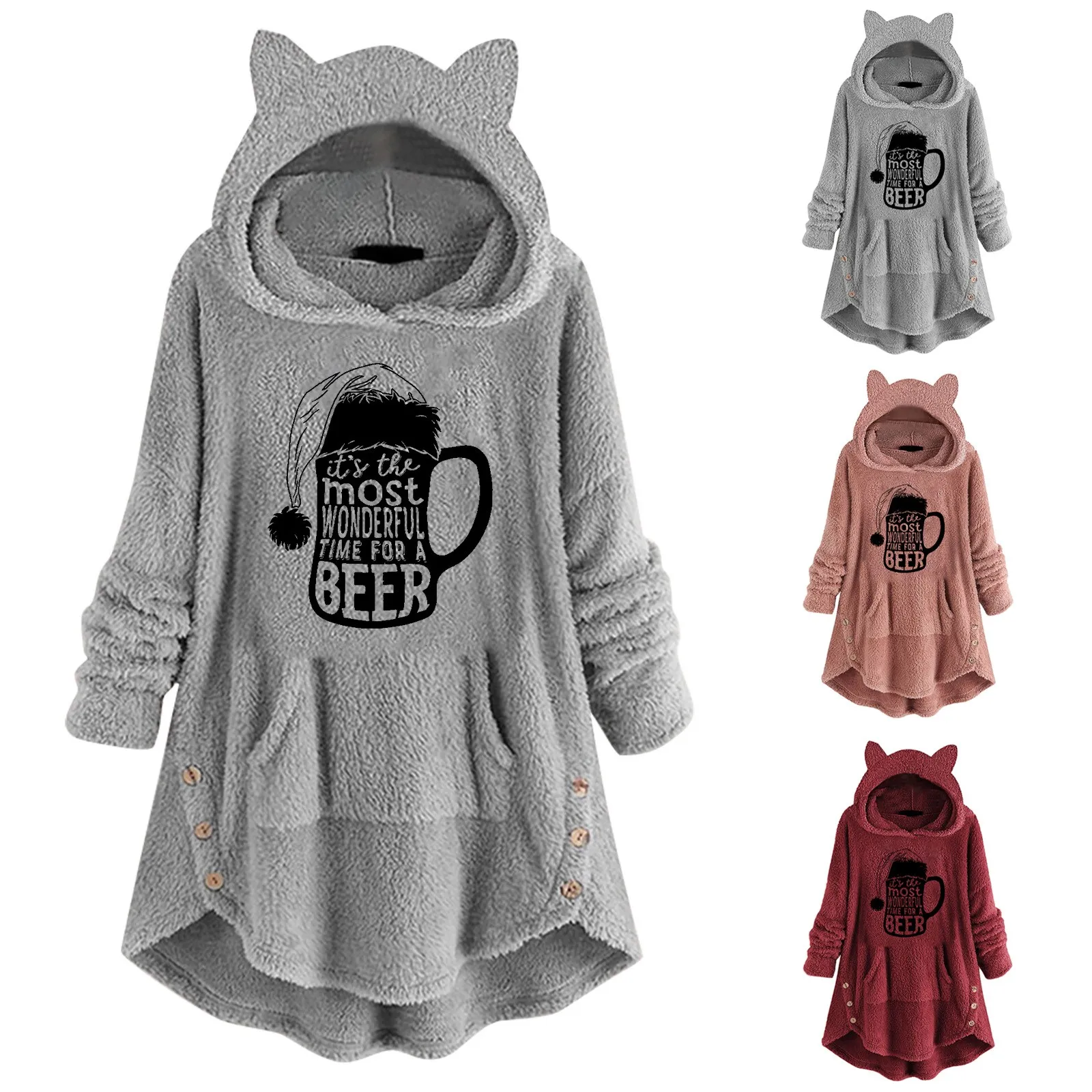 

Women's Long Sleeve Cat Ear Hat Hoodie Fleece Cute Print Top With Button Pockets Christmas Sweatshirt Baseball Mom Tee