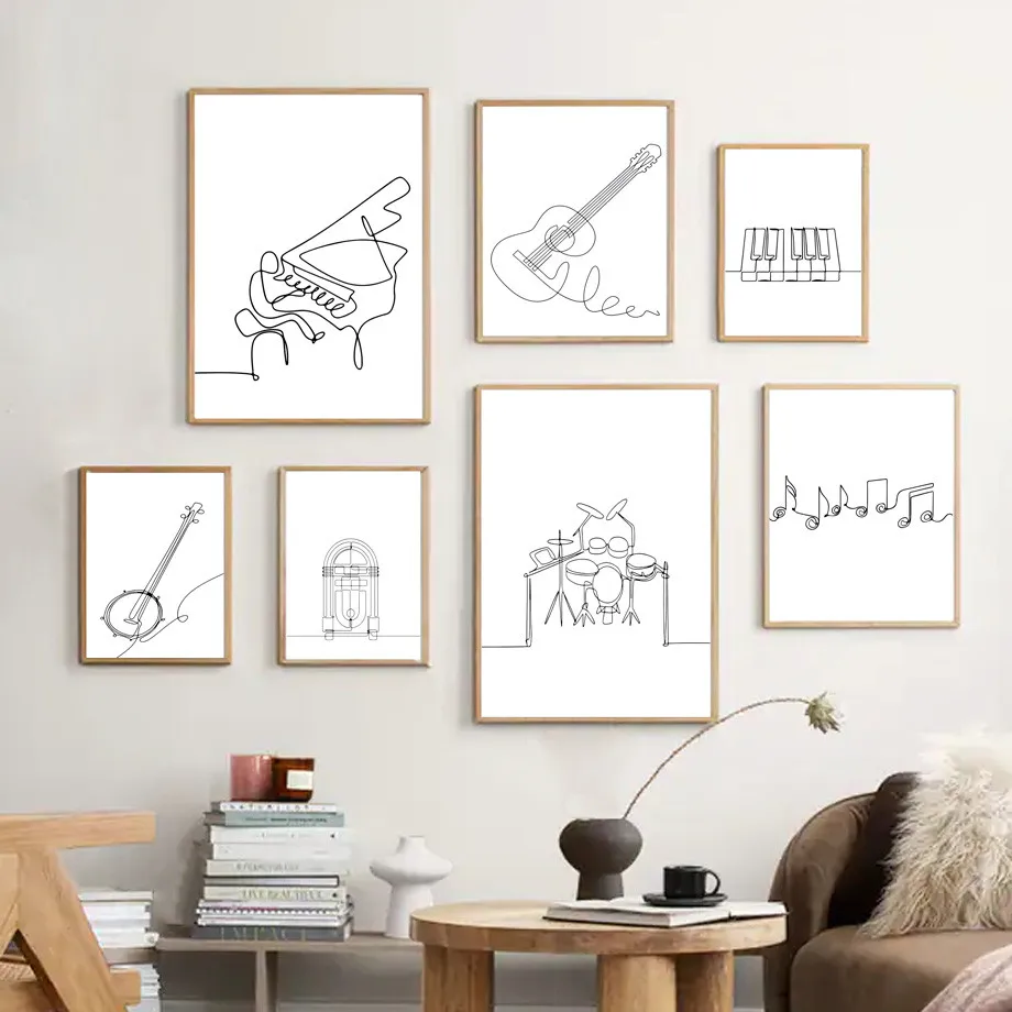 

Black White Line Musical Instrument Canvas Painting Piano Violin Guitar Drum Wall Art Nordic Posters and Prints Pictures Decor