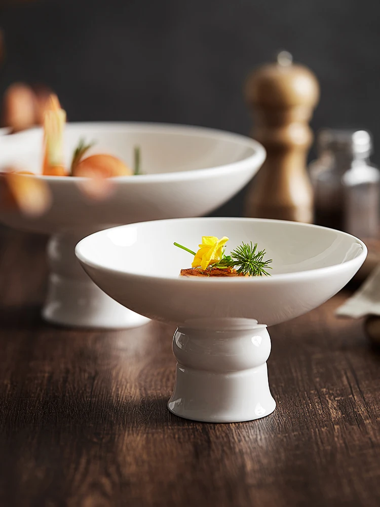 

8-inch Ceramic High-footed Fruit Refreshment Plate White Porcelain Western Dinner Plate Home Round Fruit Dessert Breakfast Dish