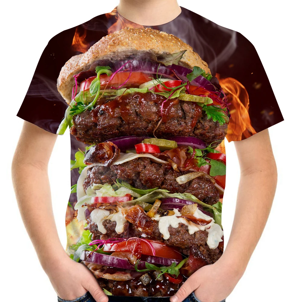 Летняя модная 3D футболка для мальчиков и девочек с принтом пиццы гамбургера еды