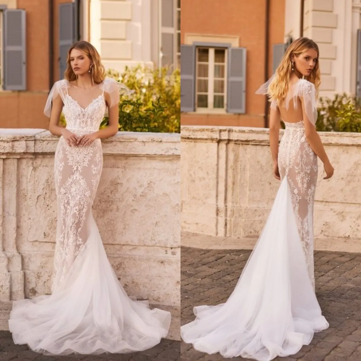 

Fairy Mermaid Wedding Dress Spaghetti Strap Sleeveless Bridal Dresses Long Illusion Lace Applique Vestido De Novia