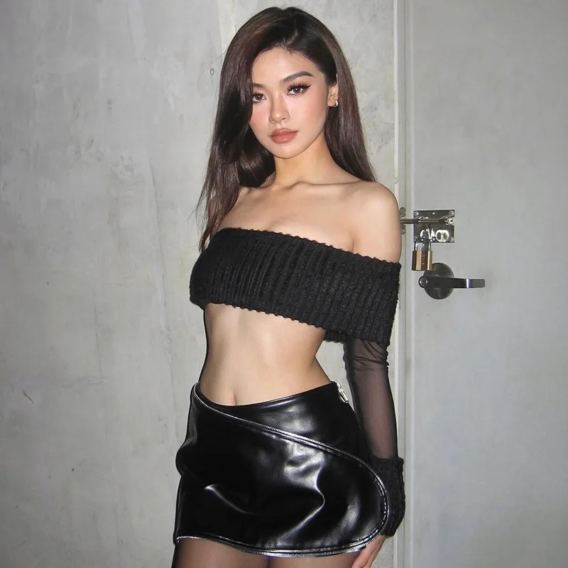 Женский Укороченный трикотажный топ Y2K с открытыми плечами сетчатая Лоскутная