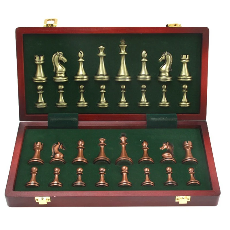 Metal Chess Set Luxury Board Games Retro Bronze Chess Pieces Portable Family Table Games Travel Foldable Solid Wood Chessboard