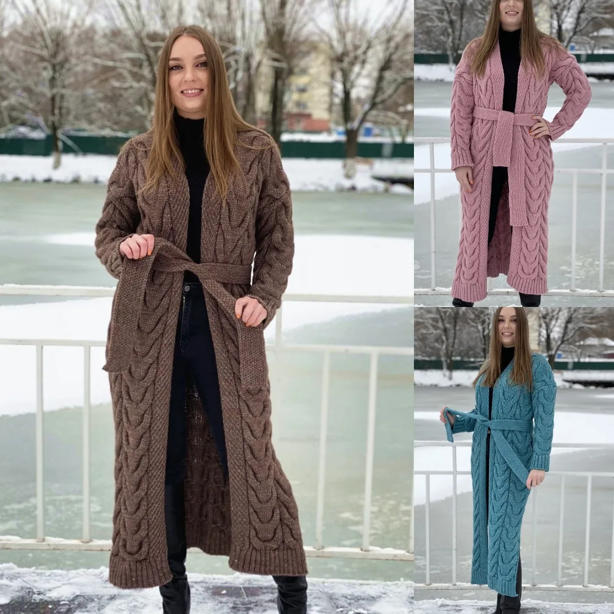 

Осенне-зимний свободный эластичный плотный вязаный однотонный длинный открытый кардиган, свитер, женский кардиган 2022, пальто с поясом