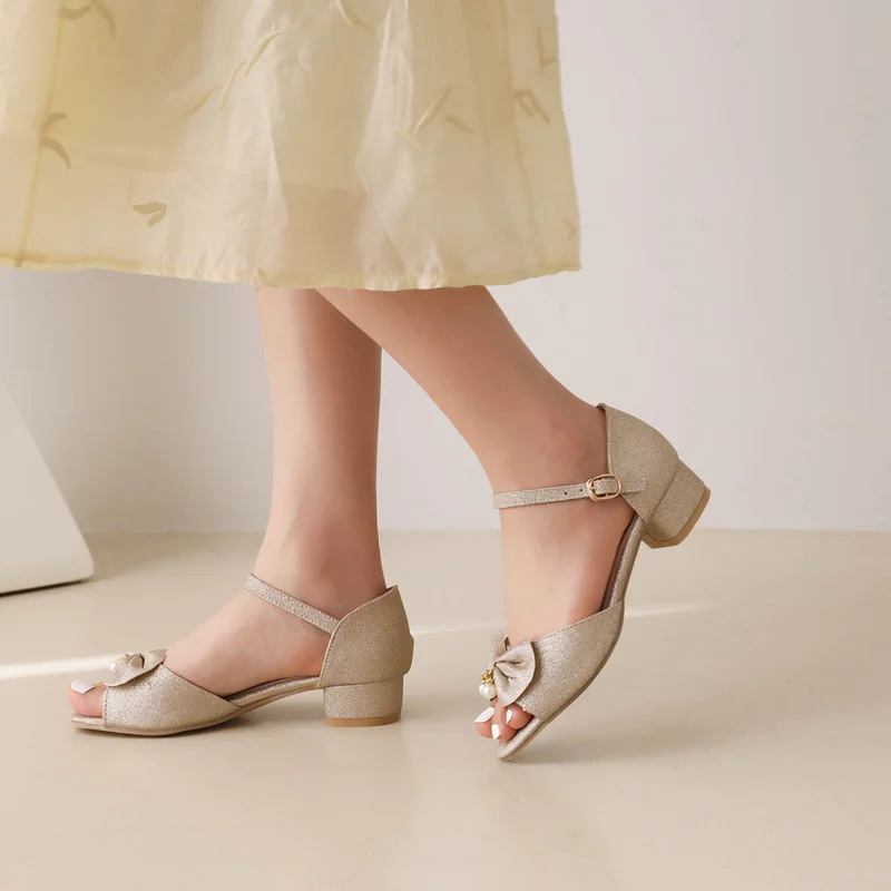 

2022Summer Peep Toe Cute Sweet Bowtie Lace High Heels Sandals Women Platform Wedding Party Block Heel Shoes Woman