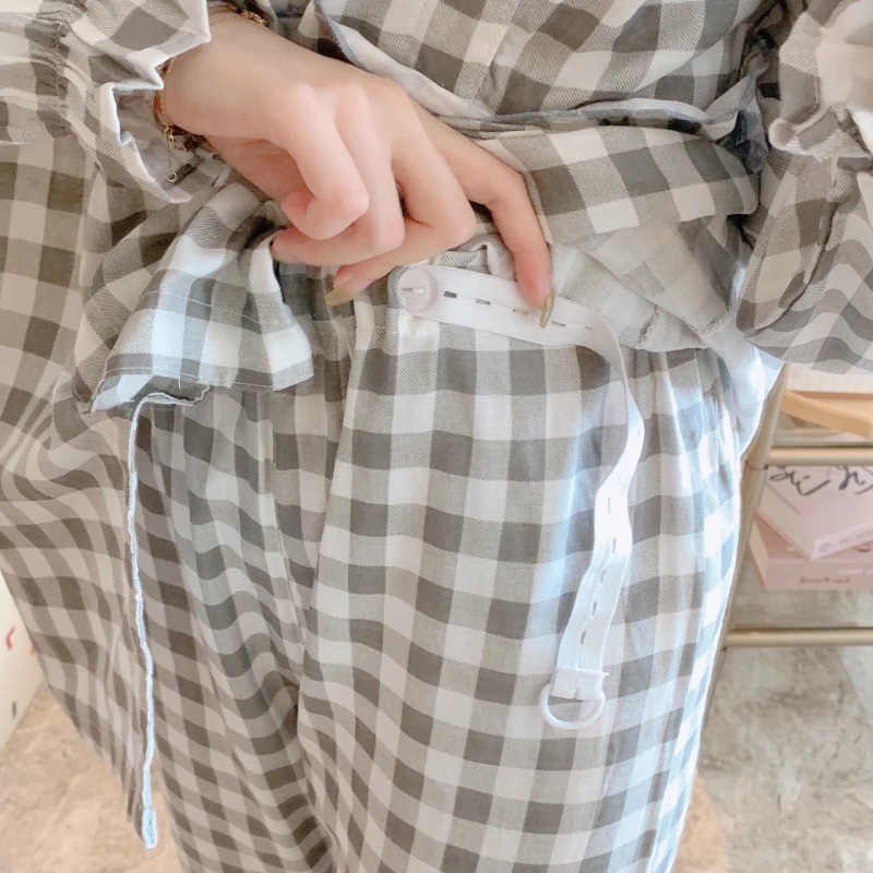 Women 4XL Confinement Clothes Nursing Pajamas Cotton Plaid V-Neck Button Suit Grid Suit Autumn Thin Breastfeeding Sleepwear Set