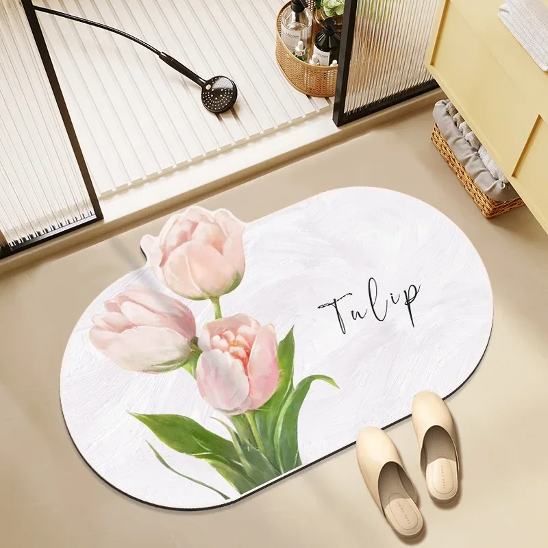 

Oil Painting Flower Bathroom Floor Mat Water Absorbing and Quick Drying Bathroom Anti Slip Foot Mat Thickened Doorway Soft Mat
