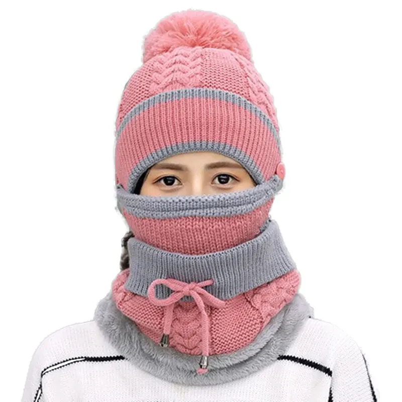

Coral Fleece Winter Women Knitted Hats Add Fur Warm Winter Hats for Women with Zipper Keep Face Warmer Balaclava Pompoms Cap
