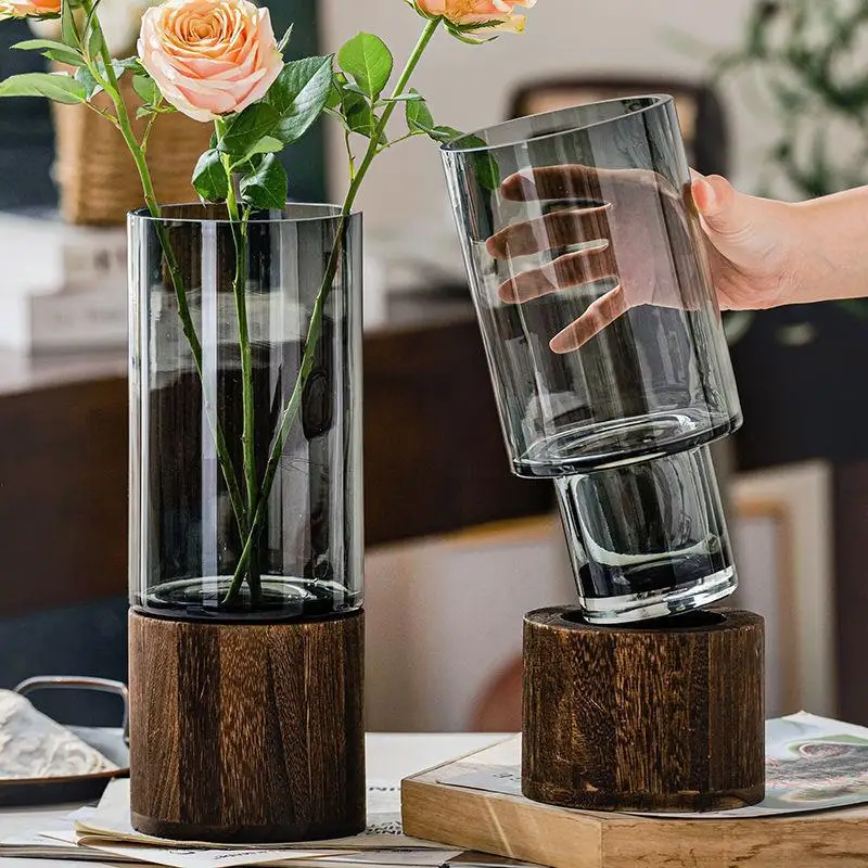 

Creative Solid Wood Base Glass Vase Modern Minimalist Flower Arrangement Wooden Pier Vase Living Room Cafe Bedroom Decoration