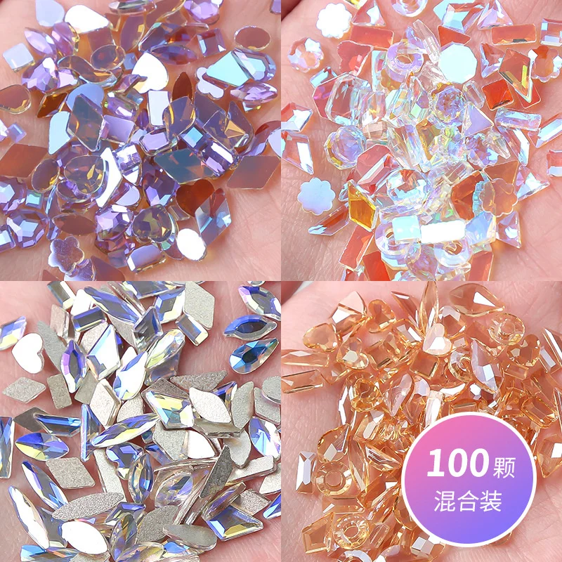 

100Pcs 3D Luxury Mixed Shape Crystal Nail Art Rhinestones Shiny Aurora AB Flatback Diamonds Nail Decorations DIY Nail Art Charms