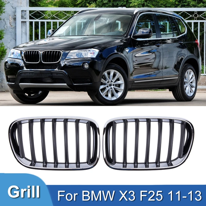 

Pulleco Chrome Grill Car Front Bumper Hood Kidney Grilles Silver Frame Black Grille For BMW X3 F25 2011-2013 Accessories ABS